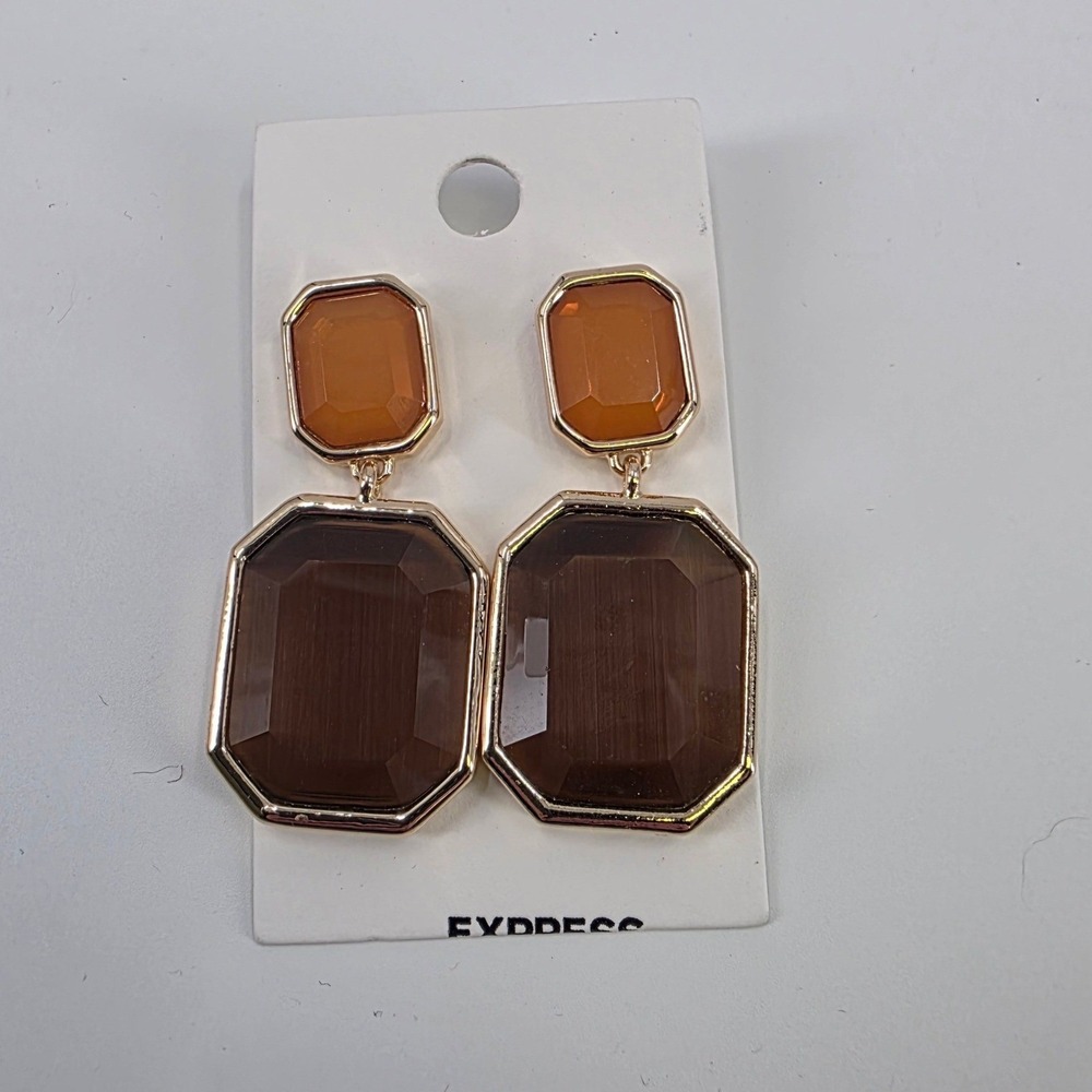 NEW EXPRESS DANGLE DROP EARRINGS GOLD BROWN OCTAGON STATEMENT 2" POST‎ BACK $38